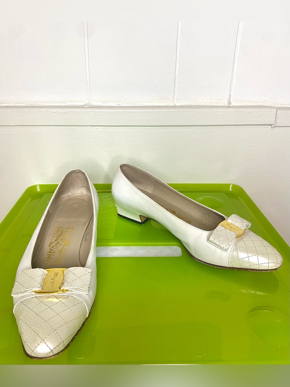 Salvatore Ferragamo White Quilted Leather Low Heel Pumps with Gold Accent